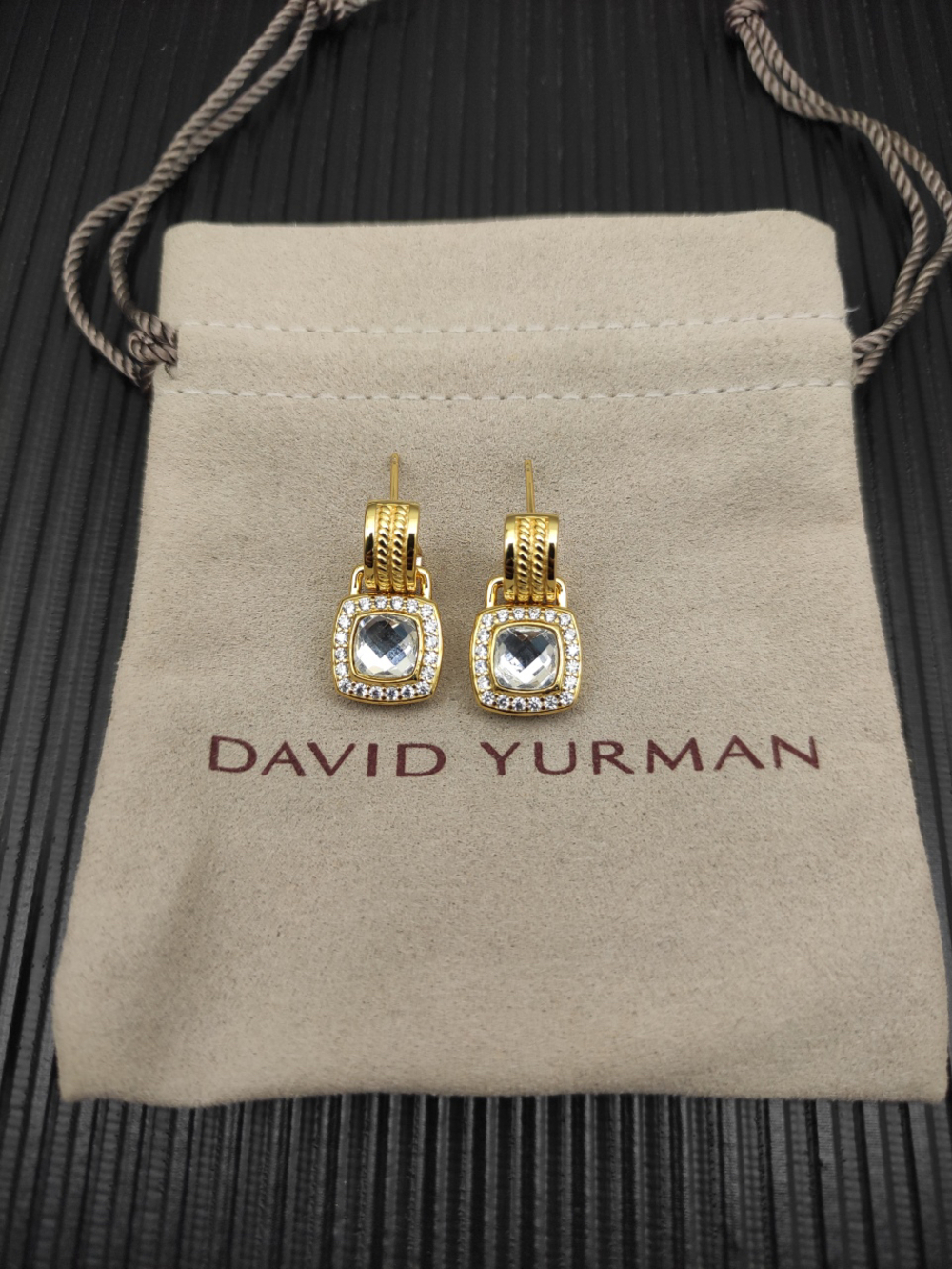 David Yurman Gold and White Diamond Square Diamond Buttoned Earrings